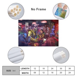 May include: A colorful print featuring a bar scene with various characters. The artwork includes figures in costumes, with a vibrant and detailed style. The print is available in multiple sizes, with a length of 12 to 36 inches and a width of 8 to 24 inches. The text "No Frame" is visible.