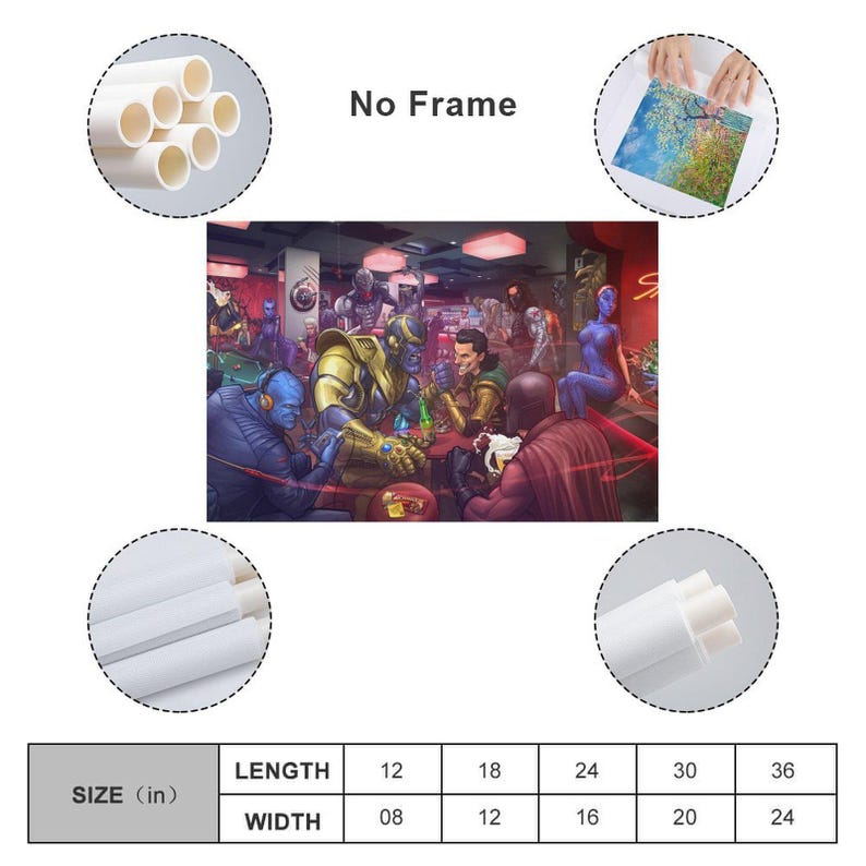 May include: A colorful print featuring a bar scene with various characters. The artwork includes figures in costumes, with a vibrant and detailed style. The print is available in multiple sizes, with a length of 12 to 36 inches and a width of 8 to 24 inches. The text "No Frame" is visible.
