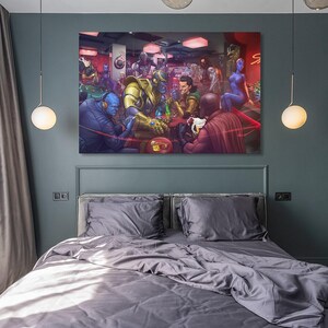 May include: A large rectangular canvas print depicting a bar scene with various comic book characters. The artwork features a vibrant color palette, with red and blue tones dominating the scene. The characters are gathered around tables, engaged in various activities.