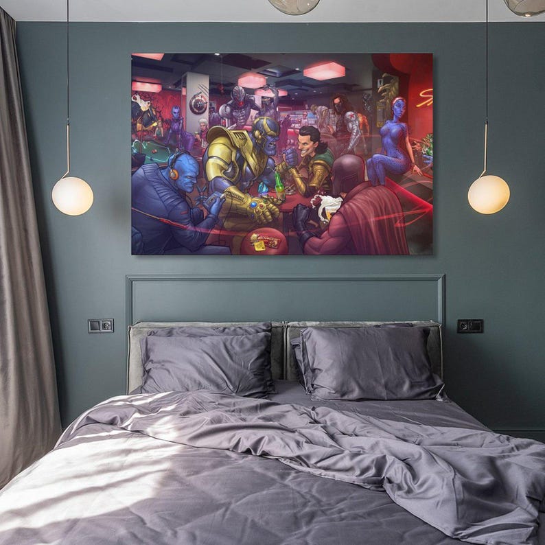 May include: A large rectangular canvas print depicting a bar scene with various comic book characters. The artwork features a vibrant color palette, with red and blue tones dominating the scene. The characters are gathered around tables, engaged in various activities.