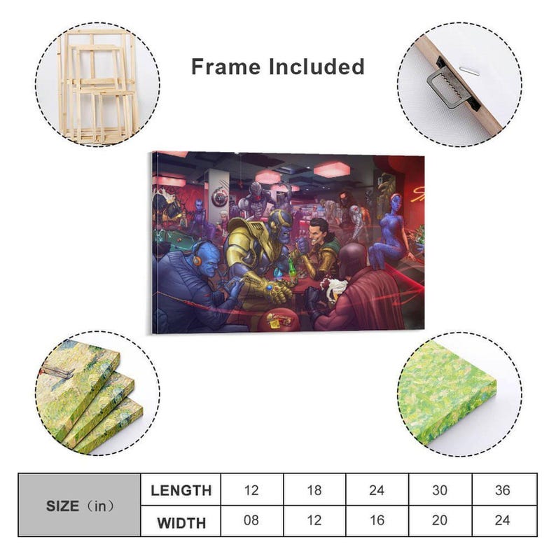 May include: A framed canvas print featuring a colorful illustration of a bar scene with various characters. The print is available in multiple sizes, with a length of 12 to 36 inches and a width of 8 to 24 inches. The text "Frame Included" is visible.