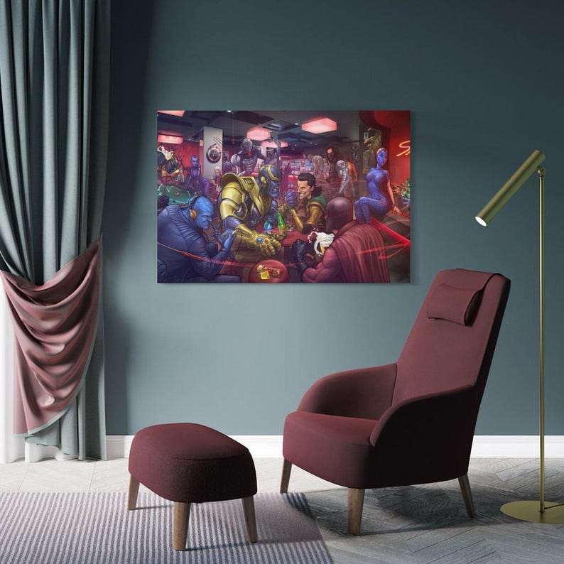 May include: A digital art print depicting a bar scene with various comic book characters. The artwork features a vibrant color palette, with characters in the foreground and background. The scene is set in a dimly lit bar with red neon lights.