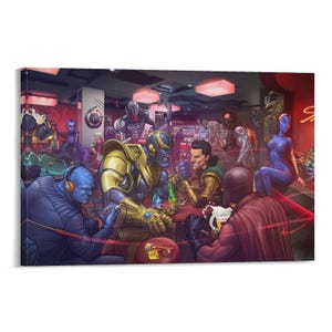 May include: A canvas print depicting a bar scene with various comic book characters. Thanos, Loki, and others are seated at a table. The artwork features vibrant colors and detailed character designs, creating a dynamic and engaging composition.