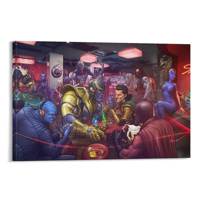 May include: A canvas print depicting a bar scene with various comic book characters. Thanos, Loki, and others are seated at a table. The artwork features vibrant colors and detailed character designs, creating a dynamic and engaging composition.