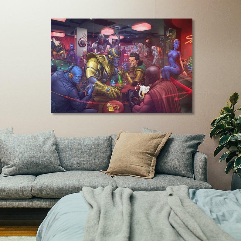 May include: A colorful illustration depicts a bar scene with various comic book characters. Thanos, in gold armor, sits at a table with other figures, including Loki and a blue-skinned character. The artwork features vibrant colors and a detailed, stylized aesthetic.