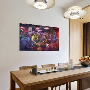 May include: A rectangular canvas print depicting a vibrant, detailed illustration of a group of alien characters gathered around a table in a dimly lit bar setting. The artwork features a variety of colorful extraterrestrial beings, creating a dynamic and imaginative scene.