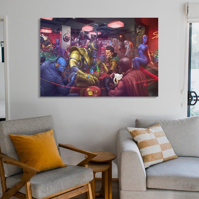 May include: A colorful print depicting a bar scene with various comic book characters. The artwork features characters in a bar setting, with vibrant colors and detailed illustrations. The print is displayed on a wall in a living room setting.