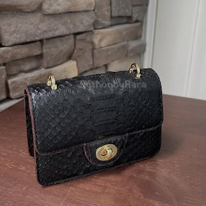 Black Python Sling Bags | Natural Unique Scale from Reticulated Python | Women Handbags, Luxury Purse