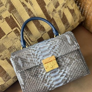 Könnte beinhalten: Graue Handtasche aus Schlangenleder mit marineblauem Griff und goldfarbenem Verschluss. Die Tasche hat eine rechteckige Form und eine strukturierte Oberfläche. Der Verschluss ist rechteckig mit drei kleinen goldfarbenen Nieten.