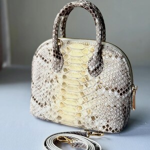 Puede incluir: Un bolso pequeño en forma de cúpula con un estampado de piel de serpiente en crema, beige y marrón. El bolso tiene un asa superior y una correa para el hombro desmontable. Las cremalleras y los herrajes dorados añaden un toque de elegancia. El bolso está sobre una superficie blanca.