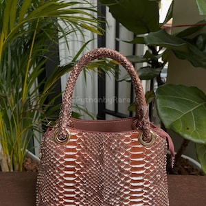 Puede incluir: Bolso de mano de piel de serpiente marrón y blanco, con asa trenzada y herrajes dorados. El bolso tiene una forma estructurada y un asa superior. El fondo incluye plantas verdes y una superficie de madera.