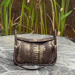 May include: A brown and gold snakeskin-patterned handbag with braided handles and gold-coloured hardware. The bag is rectangular with a curved top and a long, thin strap. The bag is sitting on a grey stone surface.