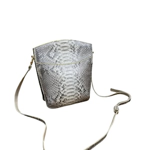 Könnte beinhalten: Eine silberne Umhängetasche mit Schlangenmuster. Die Tasche hat eine rechteckige Form mit gewölbtem Oberteil und einem langen, dünnen Riemen. Der Riemen ist mit goldfarbener Hardware an der Tasche befestigt.