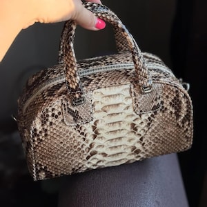 Può includere: Una piccola borsa strutturata con un motivo a pelle di serpente nei toni del marrone, beige e crema. La borsa presenta un manico superiore, doppie cerniere e finiture color argento. La borsa è tenuta da una mano con smalto rosa.