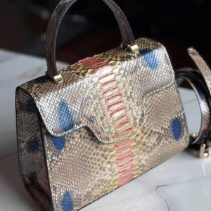 Op de afbeelding: Handtas met slangenpatroon, met een handvat aan de bovenkant en een afneembare schouderriem. De tas heeft een klepsluiting met goudkleurige hardware. Het ontwerp bevat tinten bruin, beige, rood en blauw.