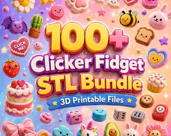 May include: A collection of colorful 3D-printed clicker fidget toys, including a flower, star, paw print, rainbow, heart, bee, bunny, and more. The image includes the text "100+ Clicker Fidget STL Bundle" and "3D Printable Files".