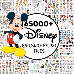 May include: Mickey Mouse is featured in front of a collection of Disney digital files. The image includes the text "65000+ Disney PNG, SVG, EPS, DXF FILES". The background is filled with various Disney character illustrations.