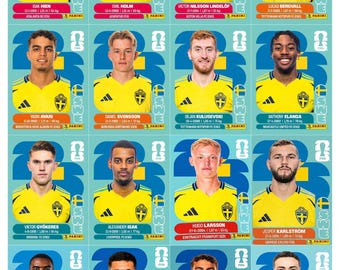 May include: A collection of sixteen Panini FIFA trading cards featuring Swedish soccer players in yellow jerseys with the Swedish flag emblem. Each card displays a portrait, player name, birth date, height in meters, weight in kg, and club team.