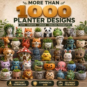 May include: A collection of over 1000 unique planter designs, featuring various cute and creative animal and character-shaped pots. The planters are arranged on shelves, showcasing a variety of colors and styles, with the text "MORE THAN 1000 PLANTER DESIGNS".