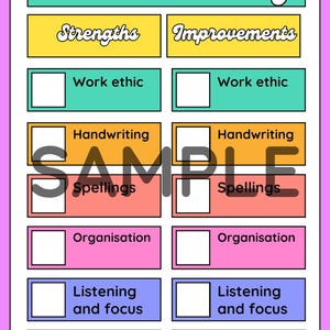 May include: A Parents Evening template with headings for Strengths and Improvements. Categories include Work ethic, Handwriting, Spellings, Organisation, Listening and focus, and Friendships. The word "SAMPLE" is printed across the center of the template.