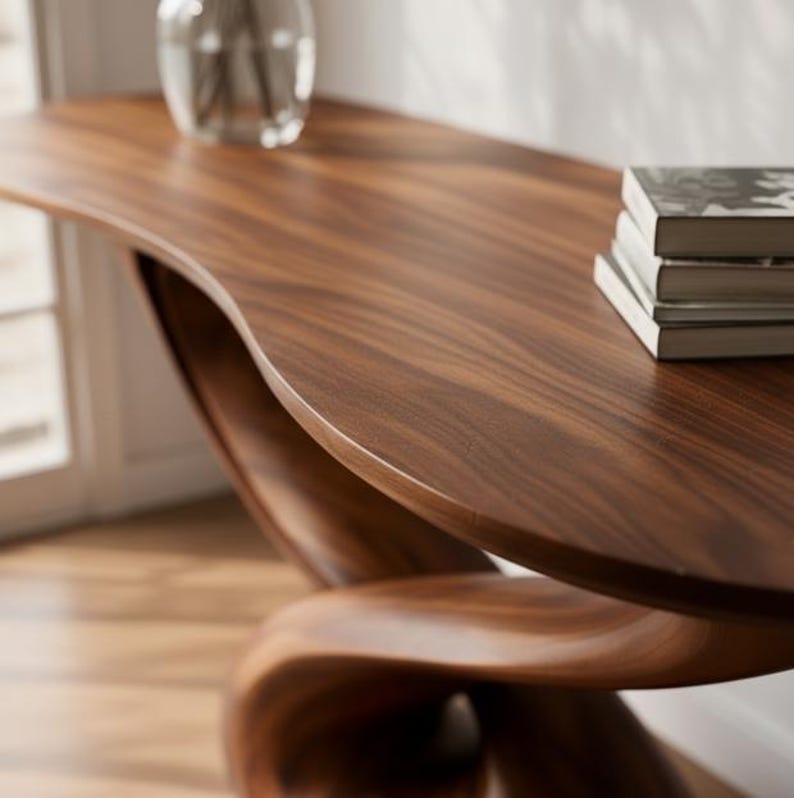 May include: A contemporary console table crafted from dark wood, showcasing a distinctive, fluid form. The table has a curved top and base, with a natural wood grain. A stack of books and a clear vase are on the table's surface.