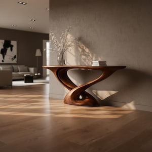 May include: A wooden console table with a distinctive, flowing design. The table is a warm brown colour and has a curved base. A vase of white flowers and a stack of books sit on top. The table is in a modern living room setting.