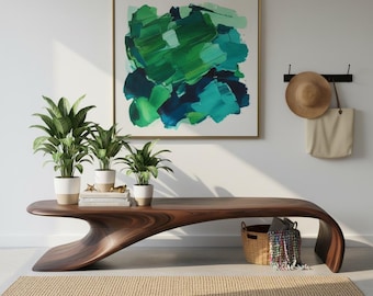 Panca scultorea in legno massello – Seduta decorativa moderna curva per ingresso e soggiorno / Mobili artigianali con panca fluida organica