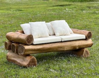 Rustic Log Wood Sofa – Solid Timber Outdoor Bench Sofa, Handcrafted Natural Log Couch for Garden Patio Cabin Lodge Furniture
