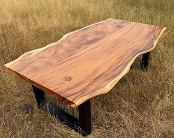 Live Edge Walnut Coffee Table – Solid Wood Slab Coffee Table with Black Steel Legs, Rustic Modern Walnut Table