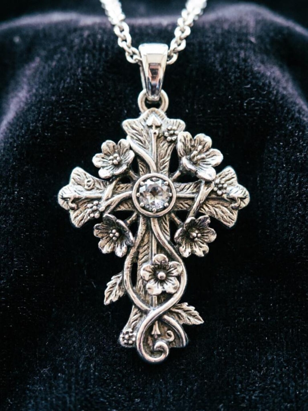 Vintage Floral Cross Pendant Necklace – Sterling Silver, Gemstone ...