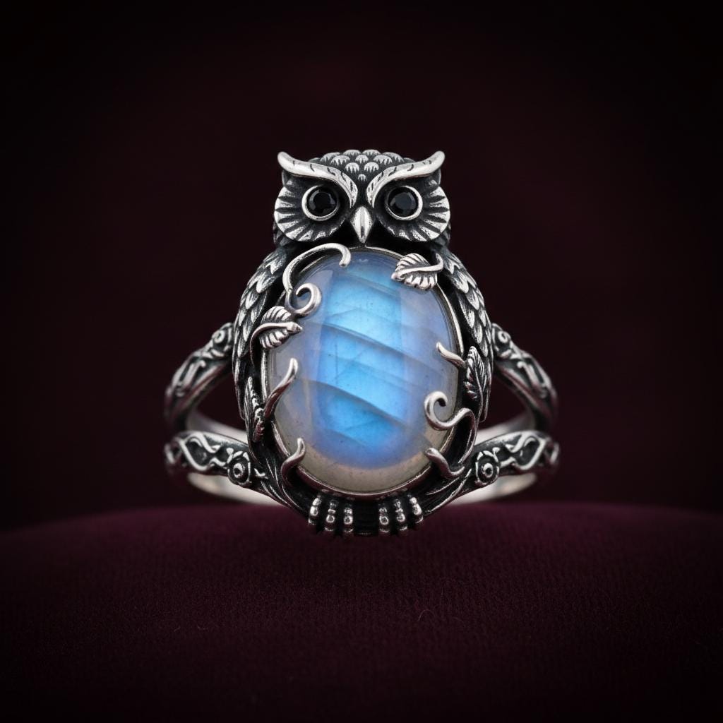 Sterling Silver Owl Ring with Blue Moonstone Cabochon | Witchy Boho Statement Jewelry