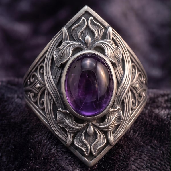 Art Nouveau Amethyst Ring 925 Silver, Victorian Gothic Floral Statement Ring, Vintage Elven Jewelry, Dark Academia Witchy Gift for Her