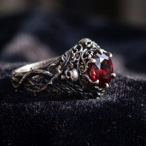 Gothic Skull Ring, Dark Ruby Silver Ring, Vampire Jewelry, Victorian Gothic Statement Ring, Witchcore Gift, Dark Fantasy Jewelry