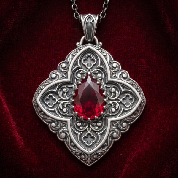Gothic Teardrop Ruby Pendant, 925 Sterling Silver Cathedral Quatrefoil Necklace, Dark Romance Blood Garnet Amulet, Victorian Vampire Jewelry