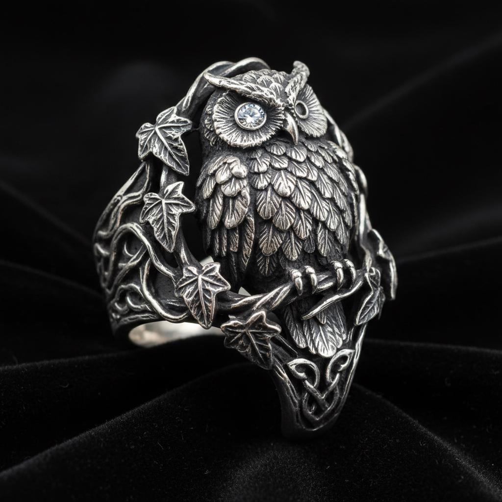 925 Sterling Silver Owl Ring with Blue Gem & Leaf Vines, Vintage Statement Nature Jewelry