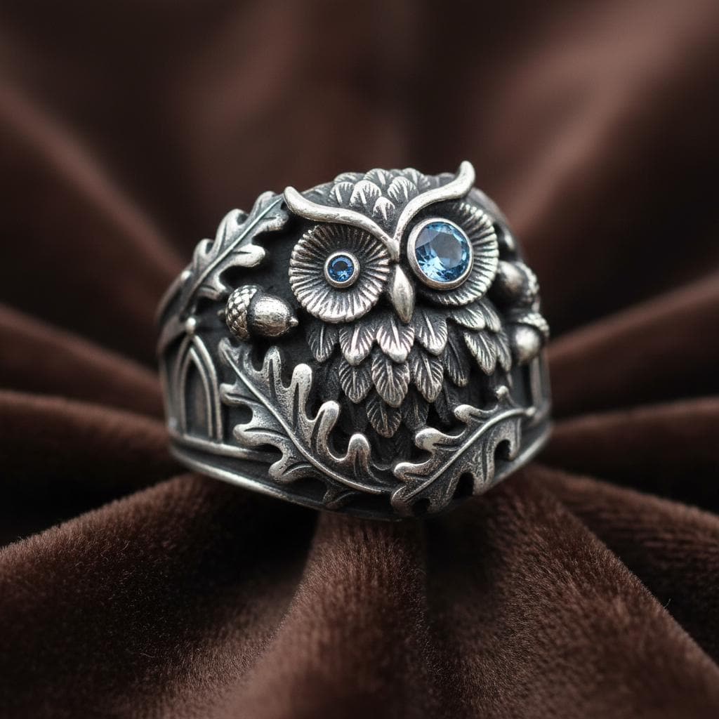 Owl Sterling Silver Ring with Blue Stones, Nature Inspired Statement Band, Woodland Bird Jewelry