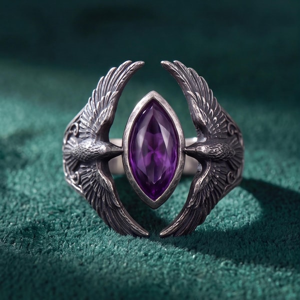 Raven Ring Sterling Silver, Gothic Crow Ring with Purple CZ Stone, Witchy Dark Academia Bird Statement Ring, Victorian Raven Jewelry