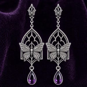 Orecchini a farfalla gotici in argento sterling, orecchini pendenti con ametista, orecchini a finestra di cattedrale, gioielli dark romantici, orecchini fatti a mano