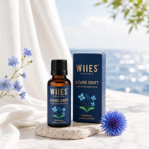Può includere: Un flacone in vetro marrone e una scatola rettangolare blu scuro di olio profumato Wiies Aroma Azure Drift. Entrambi presentano testo dorato, un grafico a fiore blu e le parole Premium Long Lasting. Il flacone ha un tappo nero e poggia su una pietra.