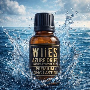 May include: A brown glass bottle with a black cap, labeled "WIIES AZURE DRIFT." The bottle is surrounded by water splashing up from the ocean. The label also reads "INSPIRED BY DESIRE BLUE" and "PREMIUM LONG LASTING."