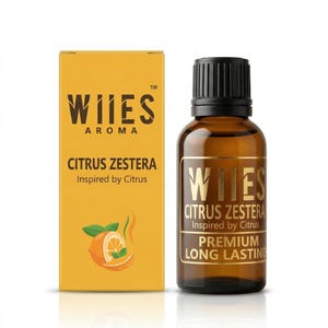 Könnte beinhalten: Eine braune Glasflasche mit schwarzem Verschluss und eine gelbe Schachtel. Flasche und Schachtel tragen den Text "WIIES AROMA CITRUS ZESTERA Inspired by Citrus PREMIUM LONG LASTING". Auf der Schachtel befindet sich eine Zitrusfruchtgrafik.