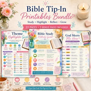 Könnte beinhalten: Ein Bibel-Printable-Bundle bestehend aus drei Anleitungsseiten mit Aquarell-Blumenmotiven. Die Seiten enthalten den Theme Highlighter Guide, den Bible Study Methods Guide und den God Meets Me Here Farbcodierungs-Leitfaden mit Text und Symbolen.