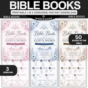 Può includere: Tre tabelle stampabili dei libri della Bibbia in rosa, blu e marrone. Ogni tabella presenta il testo Bible Books, The Complete Collection of God's Word, 50 Books, One Story, Eternal Truth e una citazione biblica da 2 Timoteo 3:16-17.