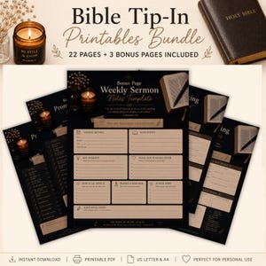 Könnte beinhalten: Ein Bible Tip-In Printables-Paket mit 22 Seiten plus 3 Bonusseiten. Das Design enthält eine Vorlage für wöchentliche Predigtnotizen mit Abschnitten für Predigtdetails, Hauptpunkte, Erkenntnisse, Anwendung, Gebete und Handlungsschritte in Schwarz und Beige.