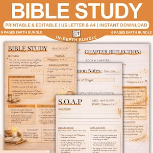 May include: A printable Bible study guide with a beige and brown color scheme. The design includes text boxes, headings, and sections for notes, reflection, and scripture. The title "Bible Study" is prominently displayed.