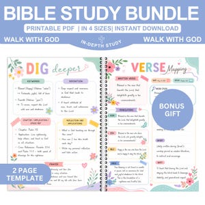 Può includere: Un pacchetto di studio biblico stampabile con un design floreale. Il pacchetto include un modello di 2 pagine, la mappatura dei versetti e guide di studio approfondite. Il testo include "Walk with God" e "Dig Deeper."