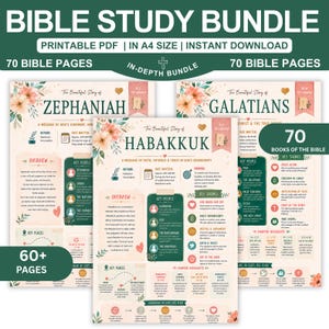 Puede incluir: Un paquete de estudio bíblico en formato A4, con PDF imprimibles. El diseño presenta elementos florales y texto, incluyendo "Bible Study Bundle", "70 Bible Pages" y títulos como "Zephaniah", "Habakkuk" y "Galatians". El paquete incluye más de 60 páginas.