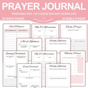 Può includere: Un diario di preghiera PDF stampabile con 22 pagine della Bibbia. Il diario include sezioni per la preghiera quotidiana, la gratitudine, le affermazioni e le riflessioni settimanali. Il design è in rosa tenue con caratteri eleganti.