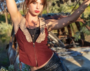 Suede Steampunk vest, Boho suede vest, Burning man vest, Suede vest, Boho bodice, zip front vest BOUDICEA rich Rioja