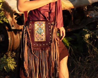 NEW!! Leather purse, Tribal leather hip bag, leather fanny pack, fringed leather bag, Ibiza bag, , Leather festival bag AMARA Karnataka